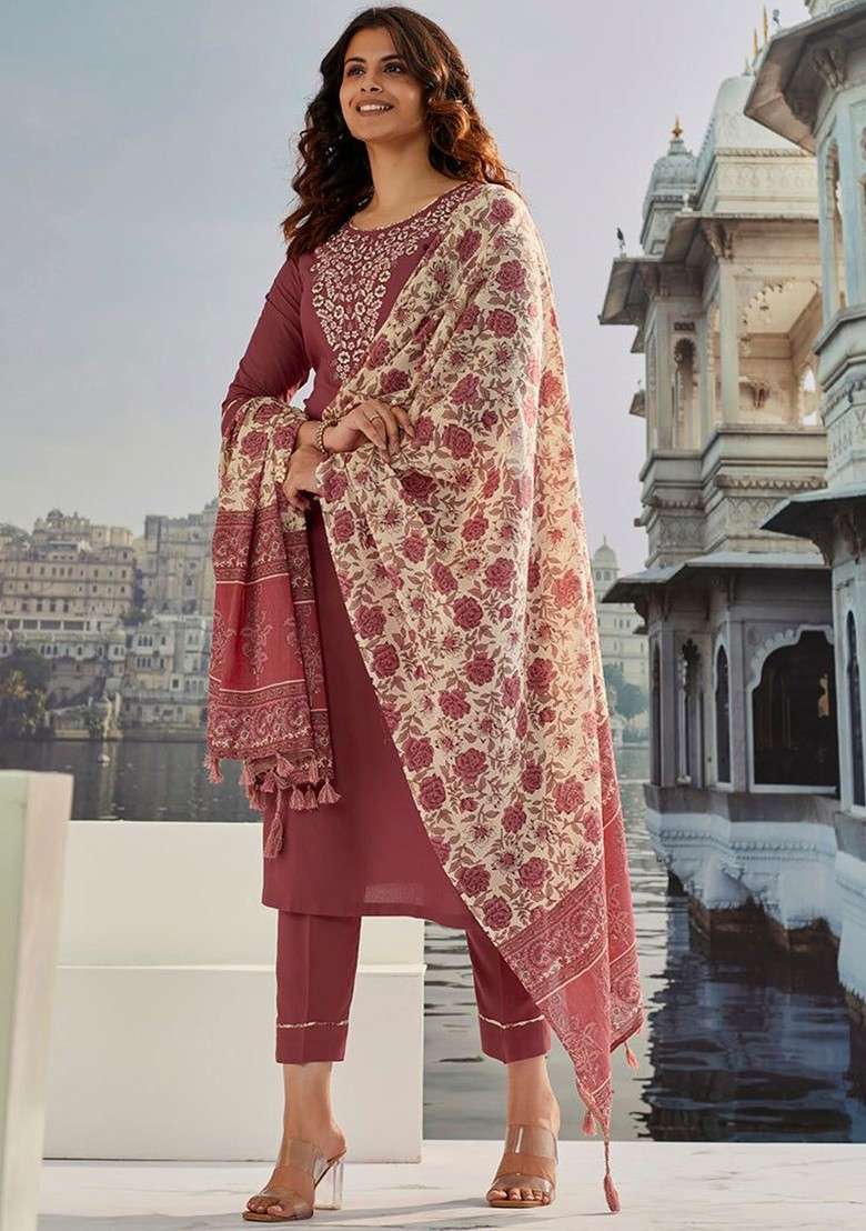 Rust Embroidered Poly Blended Kurta Sets - Indya