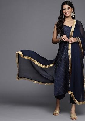 Navy Blue Embroidered Poly Blended Kurta Sets