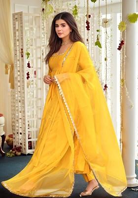 Yellow Embroidered Poly Blended Kurta Sets