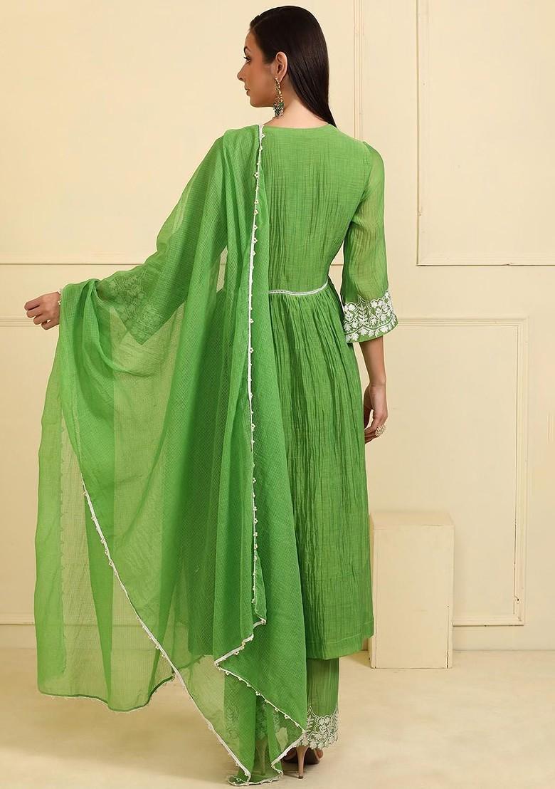 Green Embroidered Poly Blended Kurta Sets - Indya