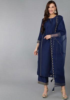 Navy Blue Embroidered Poly Blended Kurta Sets