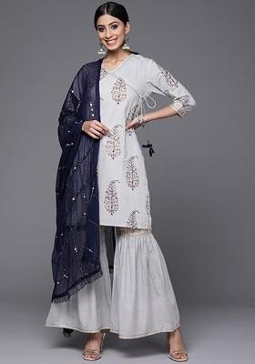 Grey Embroidered Poly Blended Kurta Sets