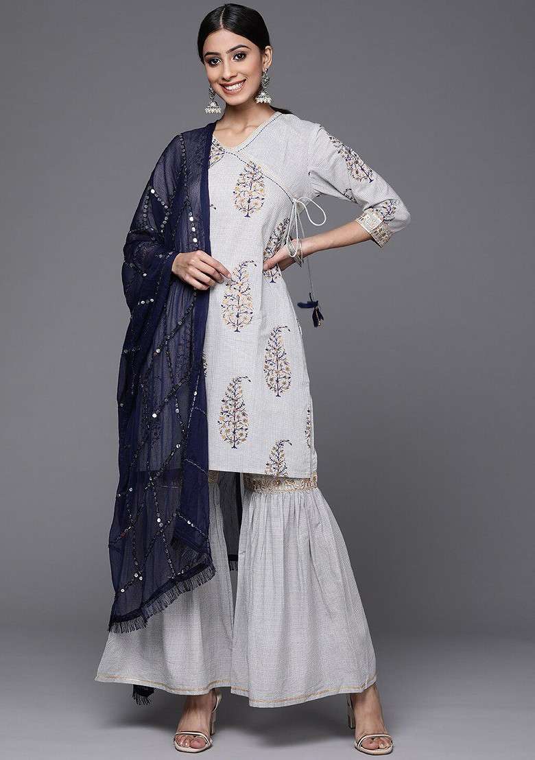 Grey Embroidered Poly Blended Kurta Sets - Indya