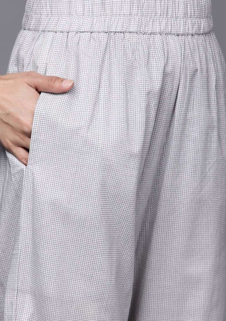 Grey Embroidered Poly Blended Kurta Sets - Indya