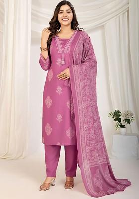 Pink Embroidered Poly Blended Kurta Sets