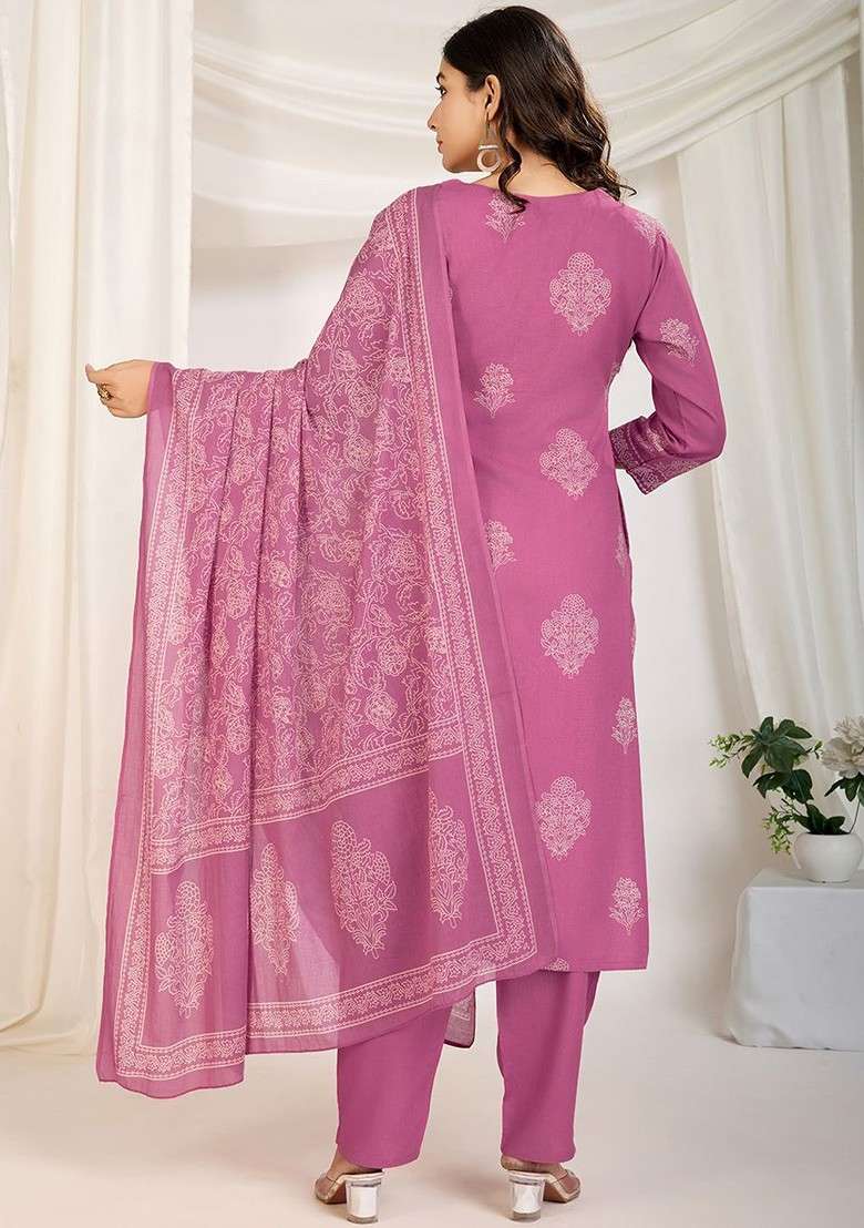 Pink Embroidered Poly Blended Kurta Sets - Indya
