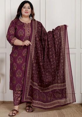 Purple Embroidered Poly Blended Kurta Sets