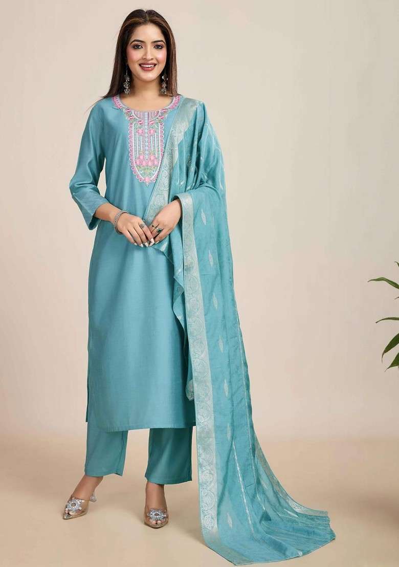 Turquoise Blue Embroidered Poly Blended Kurta Sets - Indya