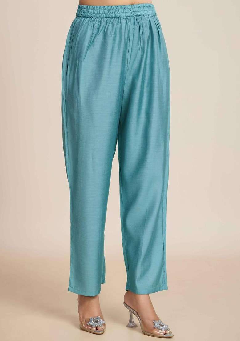 Turquoise Blue Embroidered Poly Blended Kurta Sets - Indya
