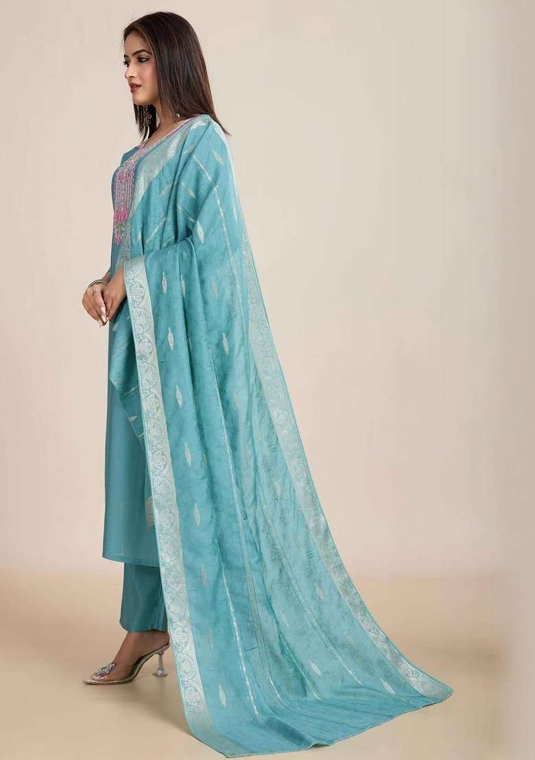 Turquoise Blue Embroidered Poly Blended Kurta Sets - Indya