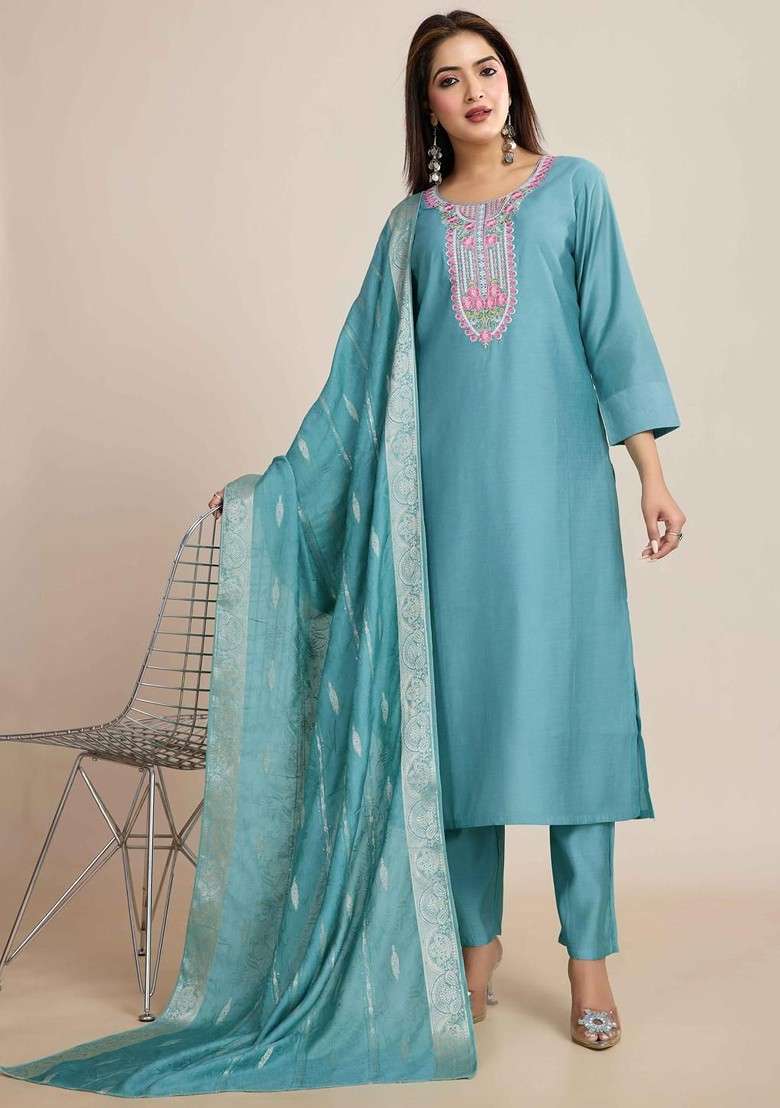 Turquoise Blue Embroidered Poly Blended Kurta Sets - Indya