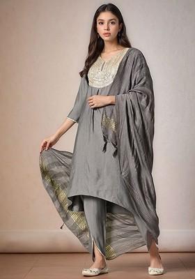 Grey Embroidered Poly Blended Kurta Sets
