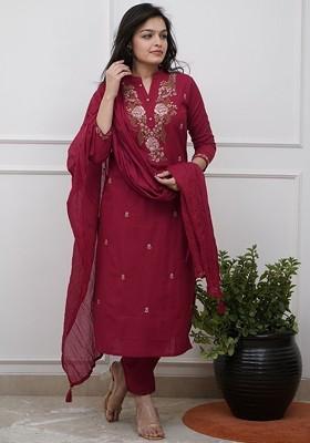 Red Embroidered Poly Blended Kurta Sets