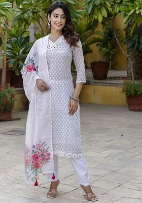 Off White Embroidered Poly Blended Kurta Sets