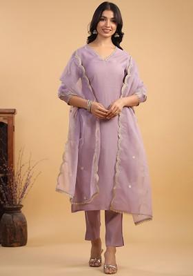 Lavender Embroidered Poly Blended Kurta Sets
