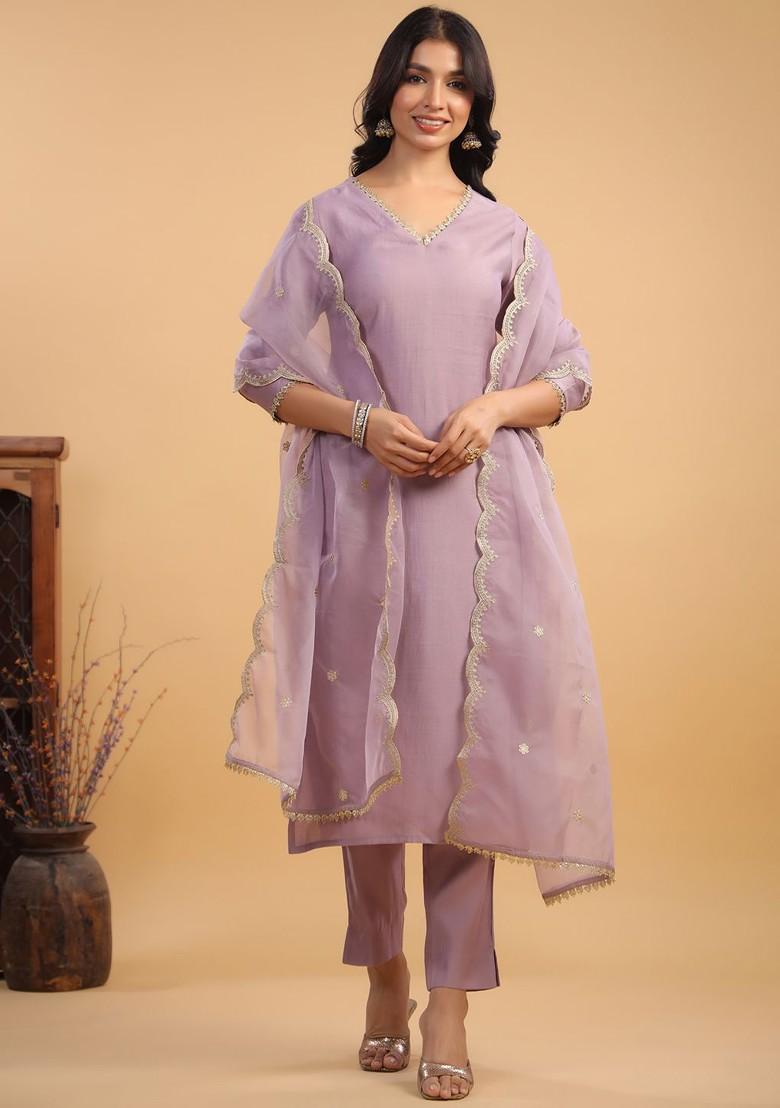 Lavender Embroidered Poly Blended Kurta Sets - Indya