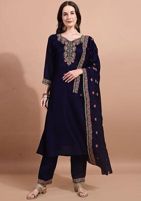 Blue Embroidered Poly Blended Kurta Sets