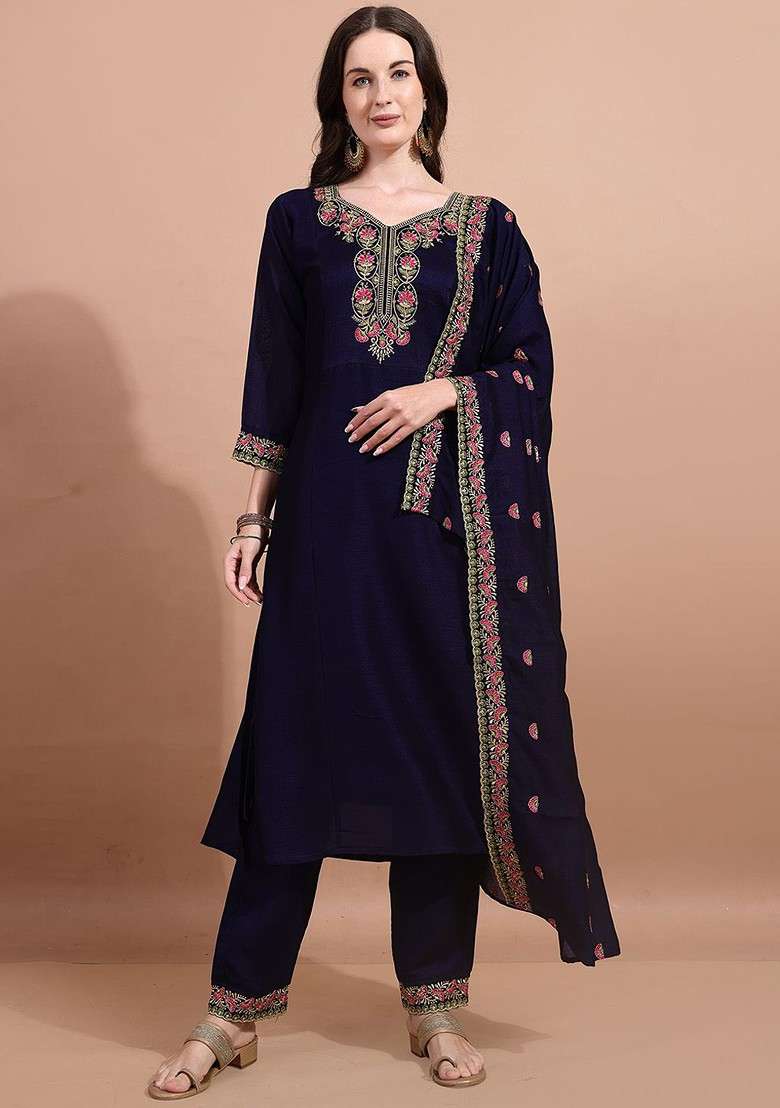 Blue Embroidered Poly Blended Kurta Sets - Indya