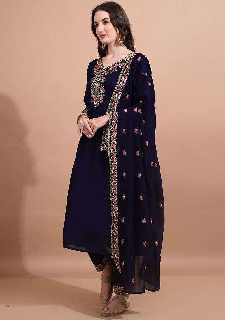 Blue Embroidered Poly Blended Kurta Sets - Indya