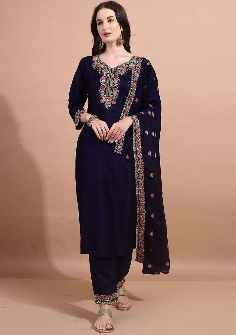 Blue Embroidered Poly Blended Kurta Sets - Indya