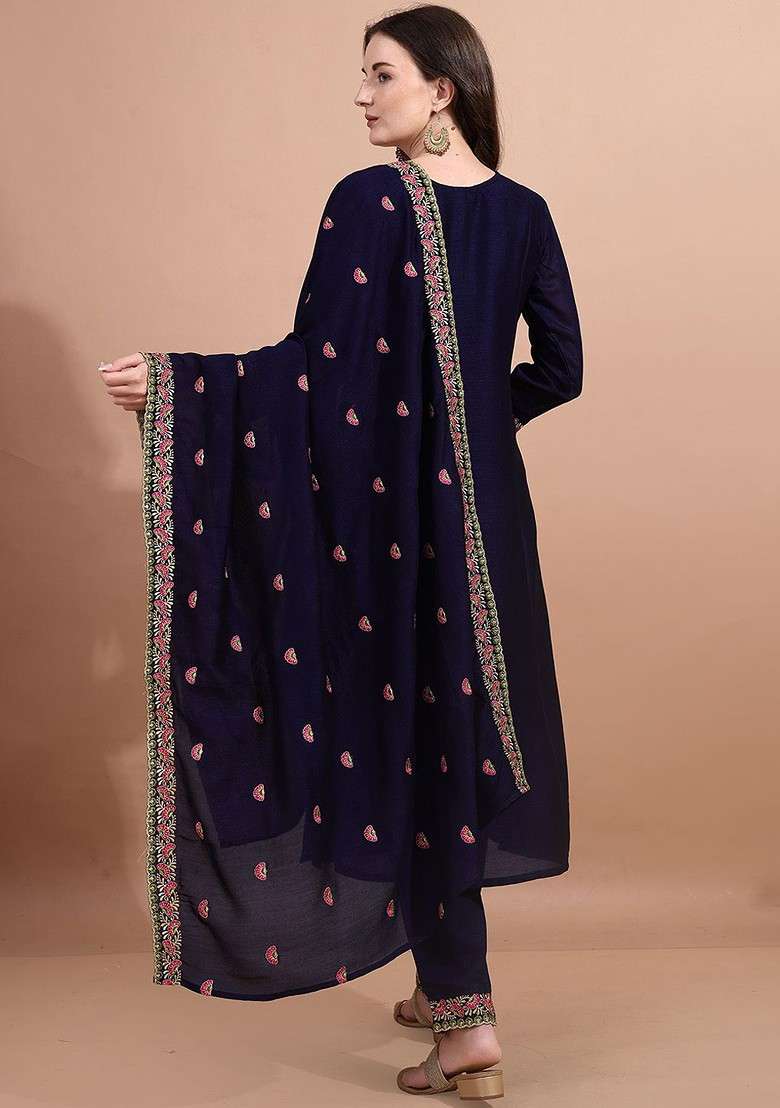 Blue Embroidered Poly Blended Kurta Sets - Indya