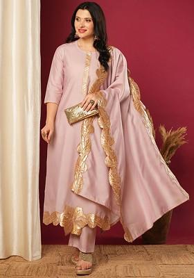 Peach Embroidered Poly Blended Kurta Sets