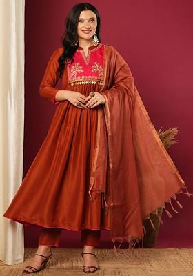 Rust Embroidered Poly Blended Kurta Sets