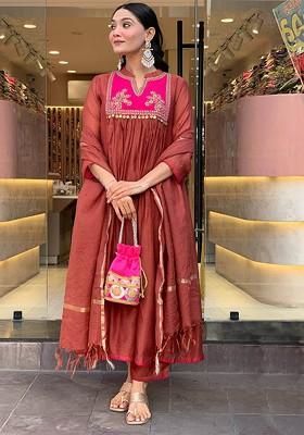Rust Embroidered Poly Blended Kurta Sets