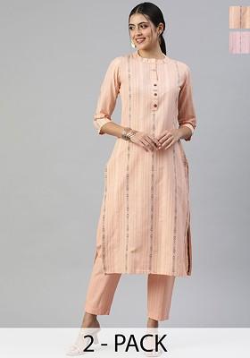 Peach Embroidered Poly Blended Kurta Sets