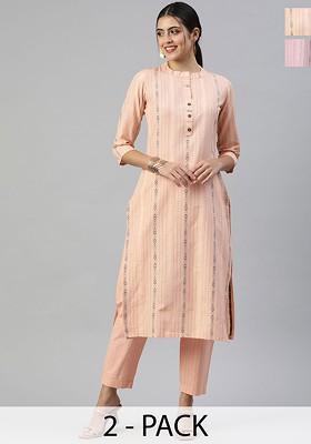 Peach Embroidered Poly Blended Kurta Sets