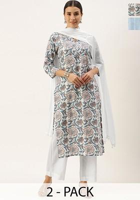 White Embroidered Poly Blended Kurta Sets
