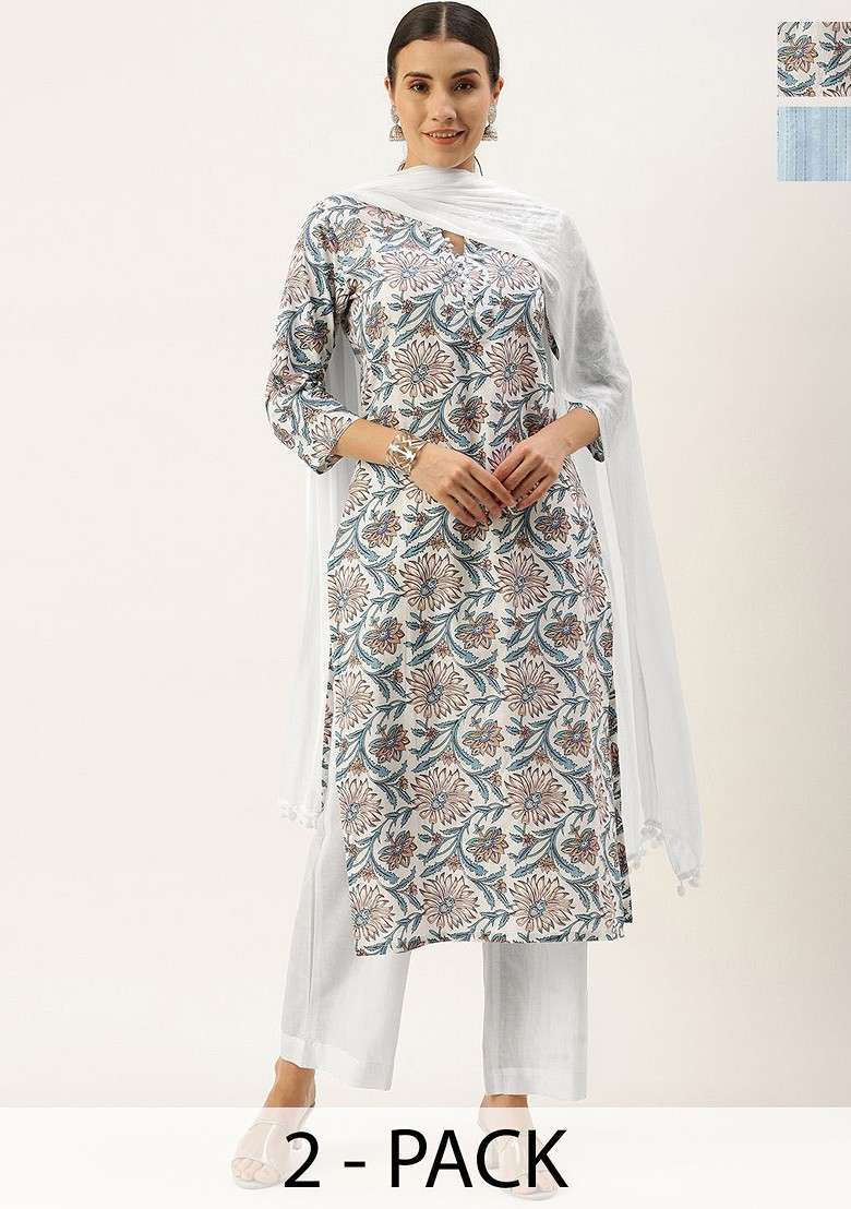 White Embroidered Poly Blended Kurta Sets - Indya