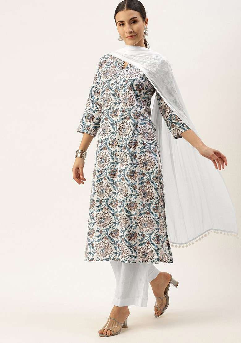 White Embroidered Poly Blended Kurta Sets - Indya