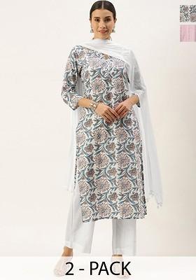 White Embroidered Poly Blended Kurta Sets
