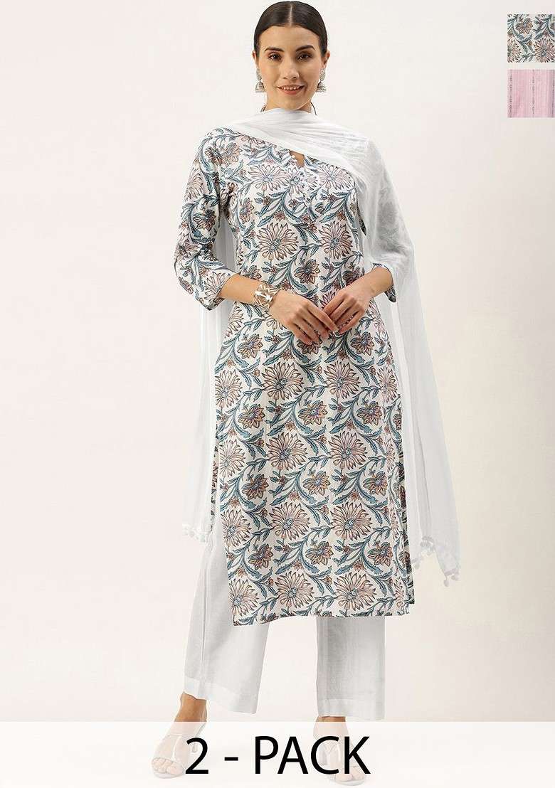 White Embroidered Poly Blended Kurta Sets - Indya