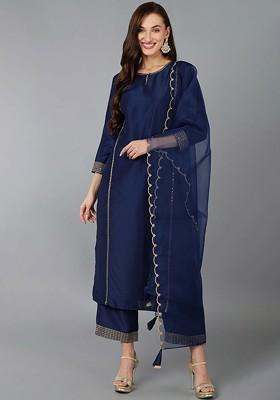 Navy Blue Embroidered Poly Blended Kurta Sets