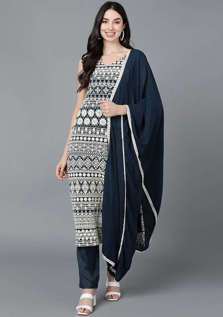 Teal Embroidered Poly Blended Kurta Sets - Indya