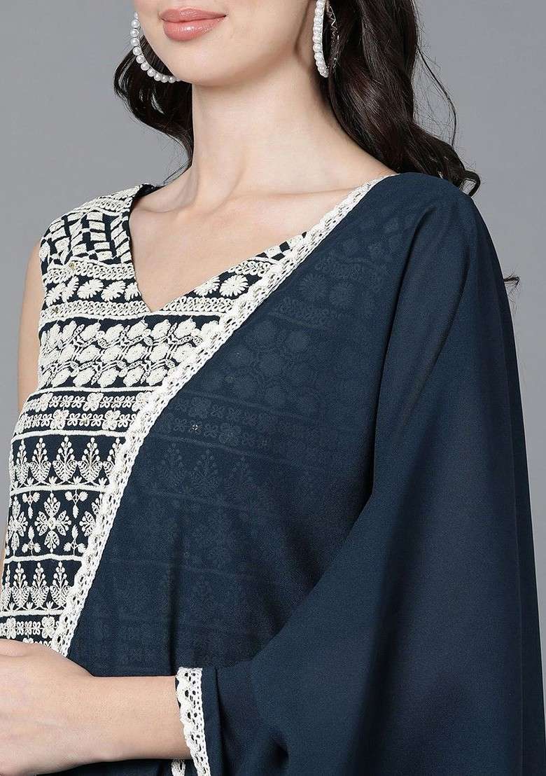 Teal Embroidered Poly Blended Kurta Sets - Indya
