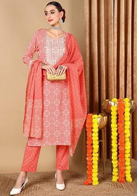 Peach Embroidered Poly Blended Kurta Sets