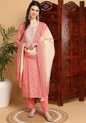 Peach Embroidered Poly Blended Kurta Sets