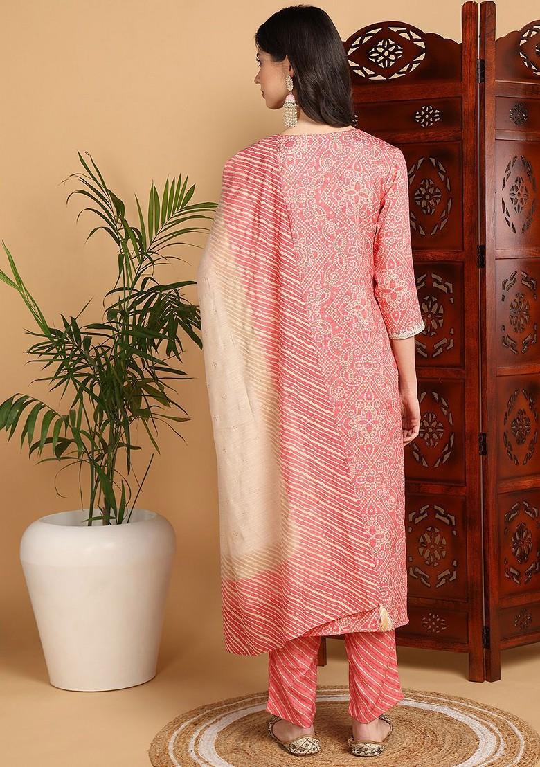 Peach Embroidered Poly Blended Kurta Sets - Indya