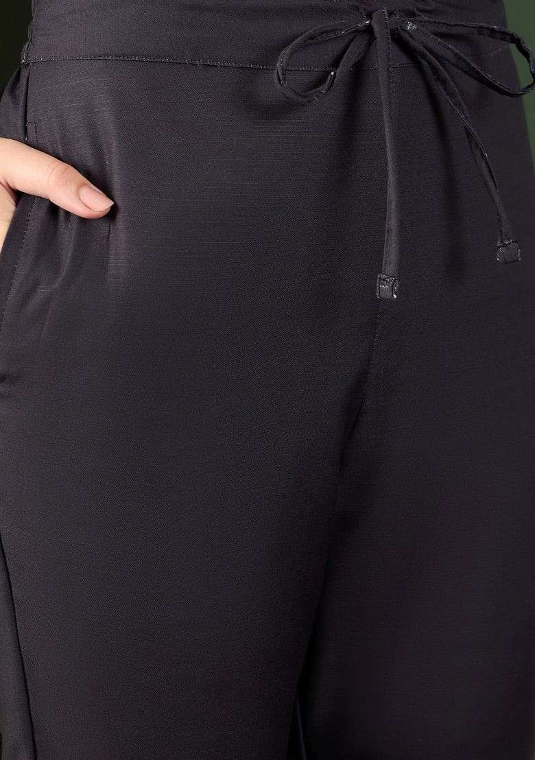 Black Embroidered Poly Blended Kurta Sets - Indya