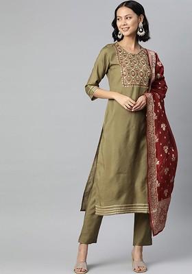 Olive Embroidered Poly Blended Kurta Sets