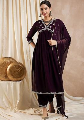 Burgundy Embroidered Poly Blended Kurta Sets