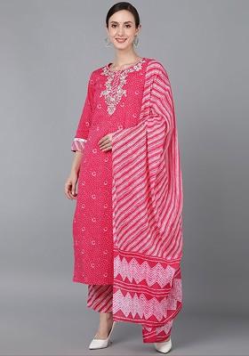 Pink Embroidered Poly Blended Kurta Sets