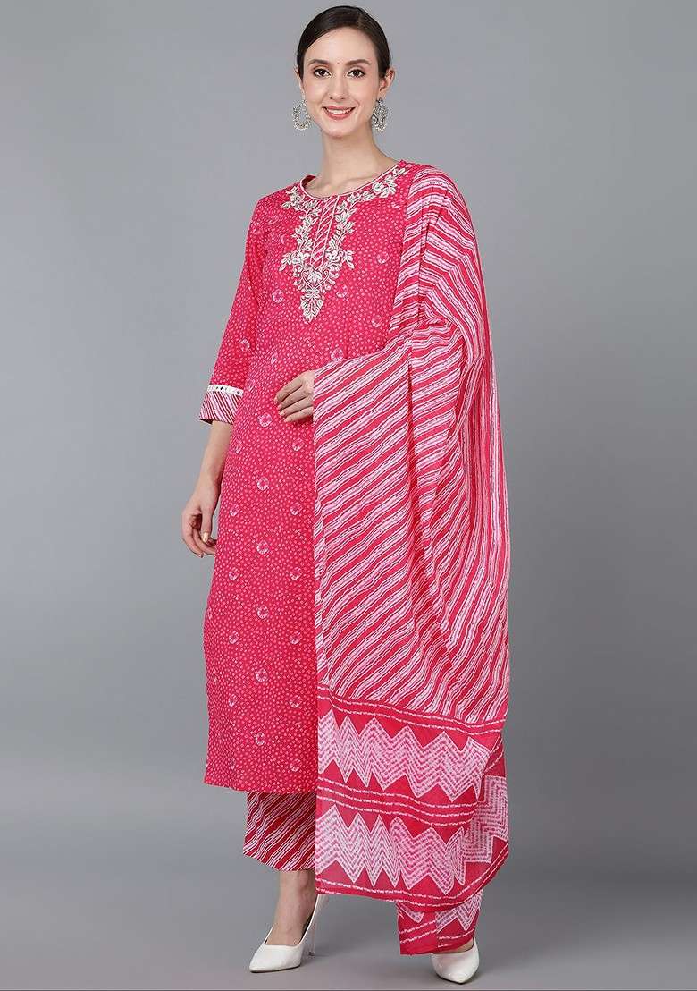 Pink Embroidered Poly Blended Kurta Sets - Indya
