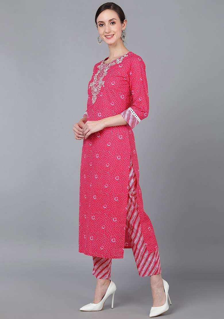 Pink Embroidered Poly Blended Kurta Sets - Indya