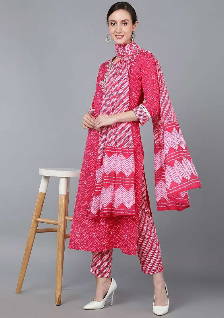 Pink Embroidered Poly Blended Kurta Sets - Indya