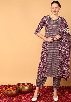 Magenta Embroidered Poly Blended Kurta Sets