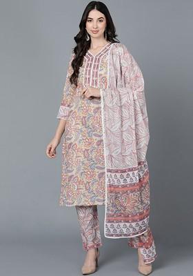 Cream Embroidered Poly Blended Kurta Sets